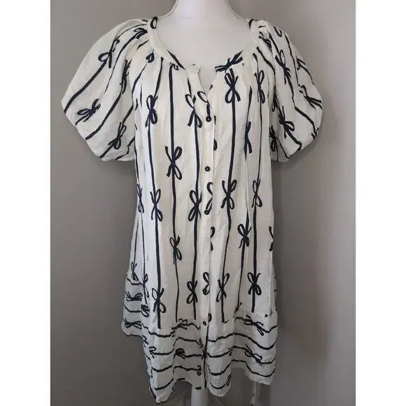 Umgee cottagecore bow print puff sleeve buttonfront dress lg - Picture 2 of 10